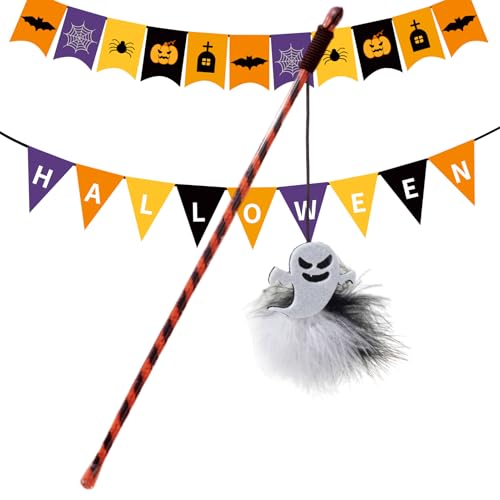 Yplkm Katzenangel Halloween Katzentrainingsstab - Interaktive Angel mit Kürbisgeist gegen Langeweile zur Jagdsimulation und Bewegung