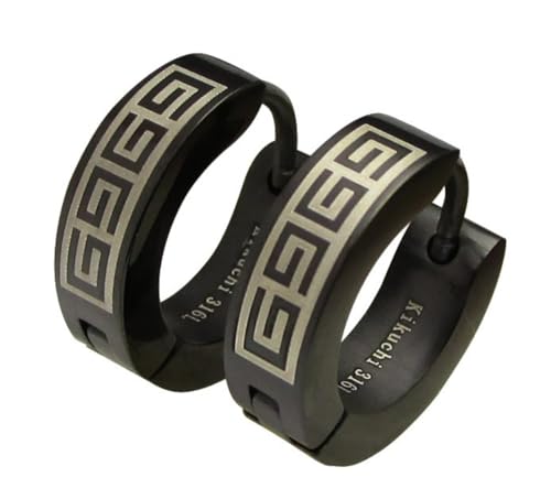 Kikuchi Ohrringe Herren Männer Edelstahl klapp Creolen mit Titan Stab Schwarz Greek Mäander 4mm Kantig Gerade Ohrstecker Ohrclicker ERTS004