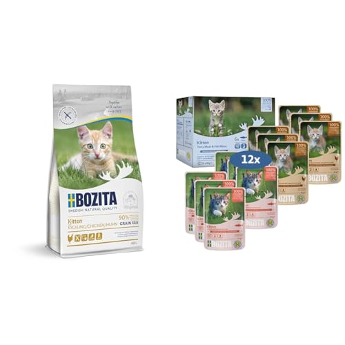 Bozita Kitten Getreidefrei Probierset mit 400g Trockenfutter 12x85g Nassfutter im Portionsbeutel - Kitten säugende Muttertiere unterstützt Wachstum Gesundheit - Trockenfutter Häppchen in Sauce
