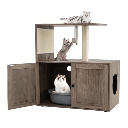 COSTWAY Kratzbaum mit Katzenklo Schrank Katzenschrank für Katzentoilette Katzenbaum mit große Plattform Kratzmatte Ball Sisalpfosten All-in-One Katzenmöbel 80 x 45 x 87 5 cm Grau