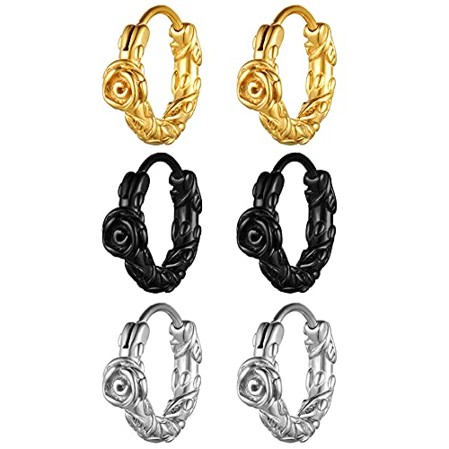 JewelryWe Schmuck 3 Paare Damen Creolen Edelstahl Rose Blume Ohrringe Silber Ohrstecker Gold Schwarz Ohrpiercing Geschenk