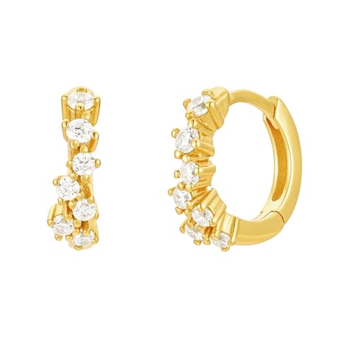 Brandlinger Ohrringe Silber 925. Asymmetrische Creolen gold mit Steinchen weiß. Schmuck Damen vergoldet mit 18 Karat Silber und Gold für Frauen und Mädchen.