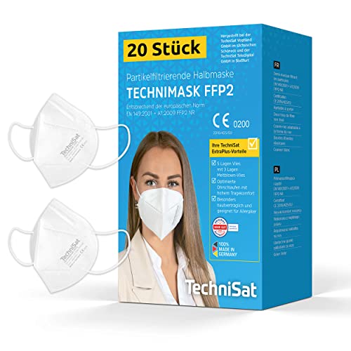 TechniSat TECHNIMASK FFP2 Maske 20 Stück Atemschutzmaske 5-lagig mit 3x Meltblown-Vlies Masken 100% Made in Germany Farbe Weiß