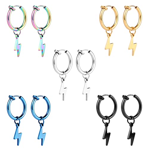 Epoch World 5 Paare Set Edelstahl Männer Clip Ohrringe für Herren Damen Mädchen Kinder Magnet Ohrringe Ohne Ohrloch Ohrringe Blitz Hängend Ohrringe Creolen Silber Schwarz Gold Ohrklemmen Non Piercing