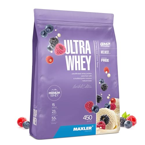 Maxler Ultra Whey Protein - 23 g Protein pro Portion - Reines Whey Protein Pulver - Molkenprotein-Konzentrat Molkenprotein-Isolat Molkenprotein-Hydrolysat - Mit BCAA - Wildbeeren-Eis - 450g