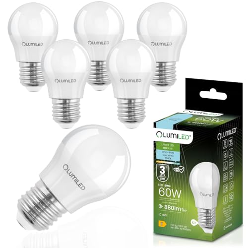 Lumiled Leuchtmittel P45 8W ersetzt 60W 880lm 6500K Kaltweiß 230V 180 Abstrahlwinkel Nicht Tropfenform Energiesparlampe 6er Pack in kleiner Kugelform
