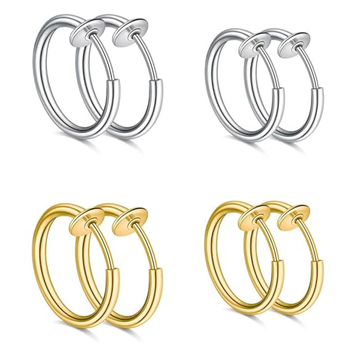 Bkemkri 4 Paar Edelstahl-Ohrclips Gefälschte Nasenringe Creolen Fake Nasen Lippe Septum Ohrring 8mm 10mm Ohrring Reifen Einziehbarer Nasenring Clip Non Piercing Schmuck für Männer Frauen
