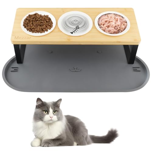 Katzennapf Erhöht Mezzar 3er Set Futternäpfe Katze aus Keramik 15 Gekippte Ergonomischer Futterstation Katzen mit Napfunterlage Silikon Fressnapf Katze Holz Keramik und Wassernapf für Katzen