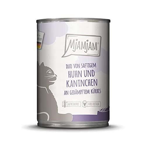 MjAMjAM - Premium Nassfutter für Katzen - Duo von saftigem Hühnchen und Kaninchen an gedämpftem Kürbis 1er Pack 1 x 400 g getreidefrei mit extra viel Fleisch