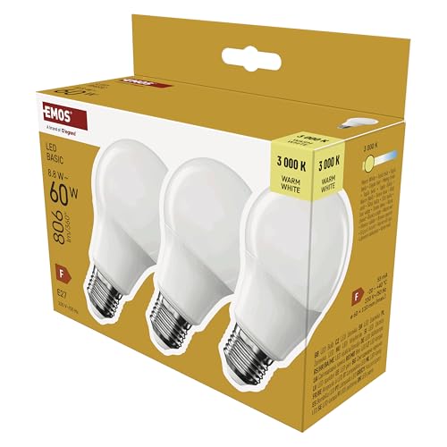 EMOS - LED-Lampe BASIC A60 3er Pack - E27 Sockel - Warmweiß - 806 lm - 8 8W Ersatz für 60W Glühbirne - Lebensdauer 20 000 Stunden - Abstrahlwinkel 200 - CRI min. 80