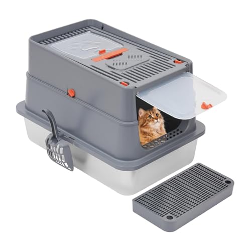 Garbenat Edelstahl Katzenklo mit Klappdeckel XL Große Katzenklo für 15KG Katzen Geschlossene Katzentoilette mit Schaufel und Pad 60 x 41 x 39cm Katzentoilette mit Front- Deckel-Einstieg Dunkelgrau