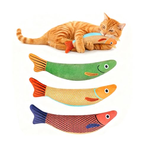 Katzenminzen Spielzeug 3 Stück Fisch Katzenminze Spielzeug Simulation Fisch Katzenminze Zähne Reinigung Dental Katzenspielzeug Plüsch Fischspielzeug für Katze und Kitten Grün