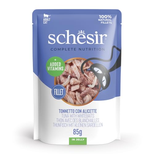 Schesir Thunfisch mit Alicette in Gelee komplettes Nassfutter für Katzen im Beutel 100% natürliche Inhaltsstoffe tierversuchsfrei 12 x 85 g