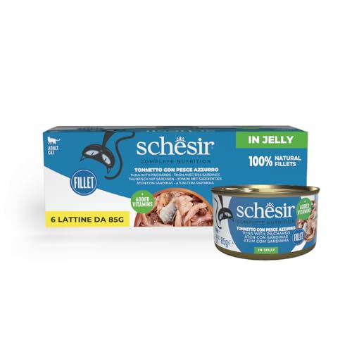Schesir Thunfisch mit blauem Fisch in Gelee komplettes Nassfutter für Katzen in Dose mit zusätzlichen Vitaminen 100% natürlich 6 x 85 g