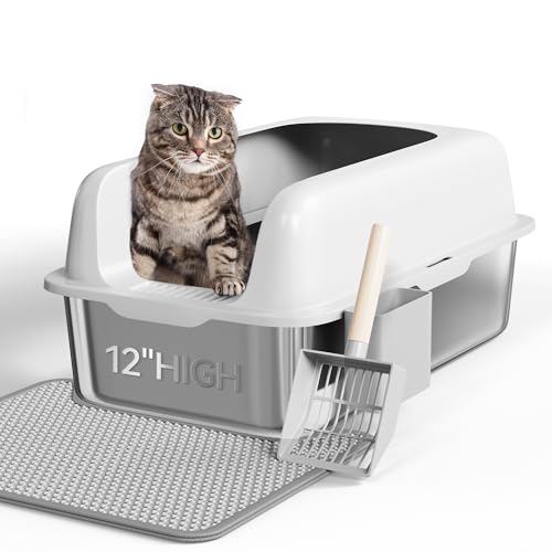 YITAHOME Edelstahl-Katzentoilette mit Deckel XXL Extra Großes Katzenklo mit Schaufel Rutschfester Boden Auslaufsicher Antihaft-Oberfläche Leicht zu Reinigen 60x40x30 für Katzen Grau