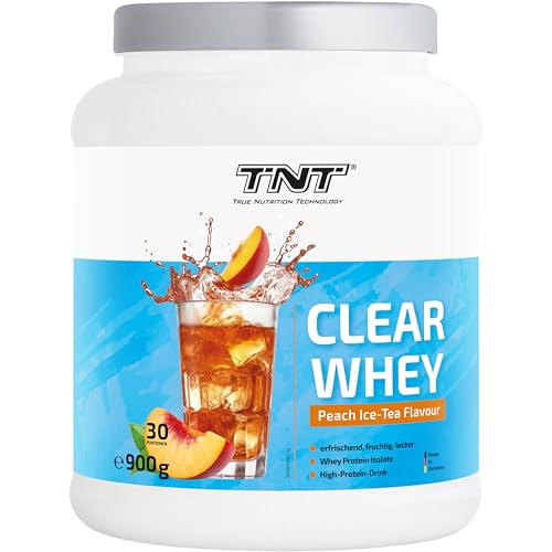 TNT Clear Whey Peach Ice-Tea 900g Whey Isolate Pulver mit Pfirsich Eistee Geschmack High Protein Eistee mit BCAAs Clear Whey als Protein Shake