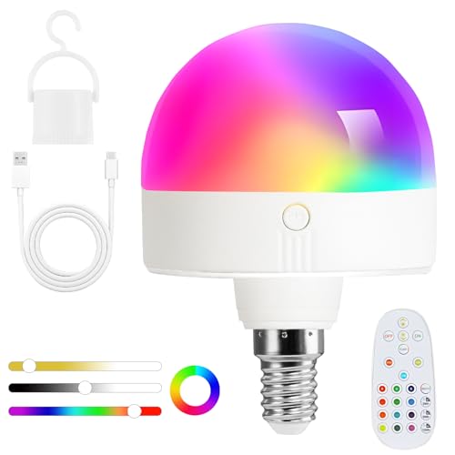 Psatfito Wiederaufladbare Glühbirne mit Timer und Fernbedienung dimmbare Batterie Glühbirnen mit Magnetsockel E14 Lade LED Glühbirne nicht verkabelte Lampen mit 3 Farbtemperaturen 12 RGB