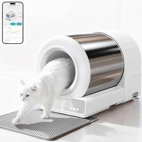 YEGUO katzenklo Selbstreinigend Edelstahl mit App Automatische Katzentoilette für Frische Gesundheitsdaten. Mit niedrigem Einstieg Sensorschutz geruchsicher Müllbeuteln.