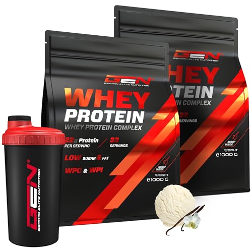 2 kg Whey Protein Komplex Premium Shaker - Mit Isolate Anteil - Instant lösliches Eiweiss Protein Pulver mit BCAA EAA - German Elite Nutrition - 2 x 1000 g Vanille Ice Cream