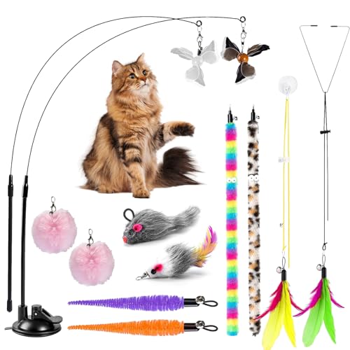 Pmueuff Katzenspielzeug Set Interaktives Katzenspielzeug Katzenspielzeug Angel Federspielzeug für Katzen mit Federn und Saugnapf für Kitten SelbstbeschäFtigung