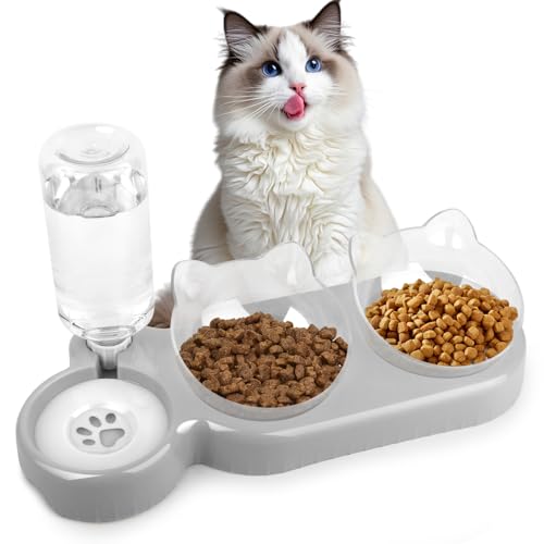TNOMSNO 3 in 1 Futternapf Katze Erhöht 15 Kippbare Katzen Futternapf Set mit Automatischer Wasserflasche Erhöhter Katzennäpfe für Nass-Trockenfutter Katzenschüssel Katzenfressnapf Grau