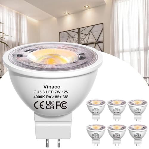 Vinaco LED Glühbirne MR16 4000K Naturweiß 6er Pack Langlebig GU5.3 LED 12V 70W Ersatz Flimmerfrei 700LM MR16 7W Nicht Dimmbar MR 16 GU5.3 38 -Strahler für Innen- und Außenanwendungen