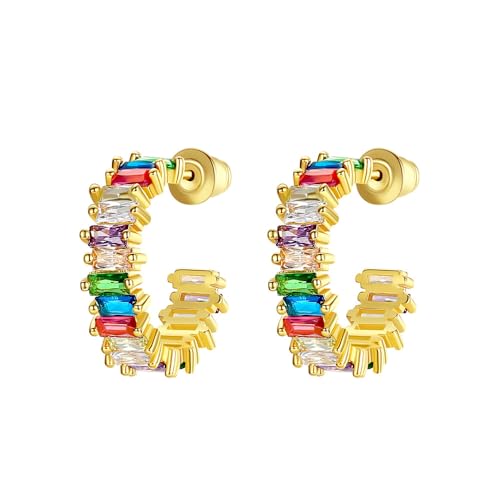 TOFBS Creolen Damen Regenbogen Mit Bunten Steinen Zirkonia Huggies Ohrringe Hypoallergen Vergoldet Modeschmuck Für Mädchen Multi