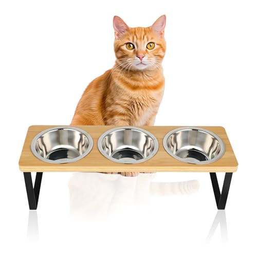 Katzennäpfe Erhöht 3er Set Katzen Futternapf mit 15 Gekippte Holz Ständer Upgrade Ergonomischer Futterstation Katze mit Edelstahl Näpfe für Wasser Futter Hundenapf für Katzen und Kleine Hunde