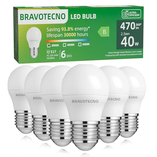 bravotecno E27 LED Glühbirne Energieklasse B E27 LED Warmweiss 3000K 2.5W 470LM G45 P45 Warmweiß Leuchtmittel Entspricht 40W 360 Abstrahlwinkel Nicht Dimmbar Wärmearm Langlebig 6 Stück