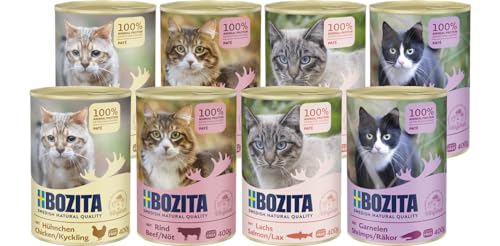 Bozita Cat Pat Nassfutter 8X 400g Mix 4 Sorten getreidefreies Alleinfuttermittel für Katzen 100% Tierisches Protein mit hohen Fleischanteil