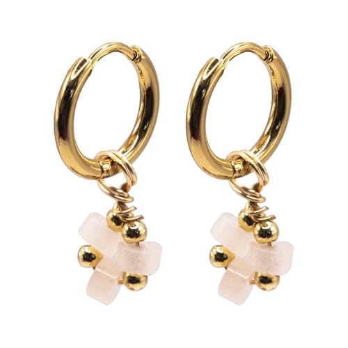 MAJALE Kleine Creolen 13 mm mit Kleeblatt aus Natursteinen hypoallergener Chirurgenstahl vergoldet mit 18 Karat minimalistisch für Damen oder Mädchen Peque o Edelstahl Kein Edelstein