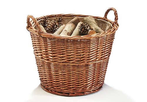 Kobolo Holztrage Holzkorb für Kaminholz - Weide - mit Jutestoff und Henkel ausgestattet - rund