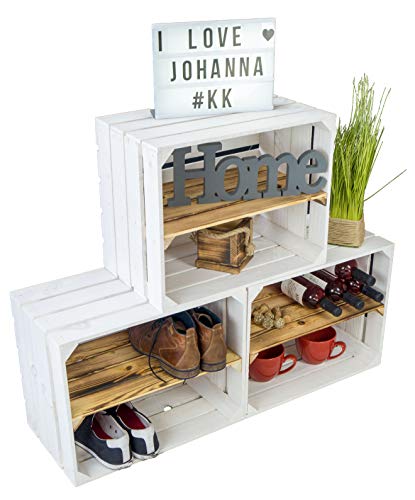 3 x Schuhschrank Schuhregal aus Weiss lasierten Holzkisten mit geflammten längsbrettern mit 3 Ablagen Schuhablage für 12 Paar Schuhe als Schuhaufbewahrung aus Holz Maße 50x40x30cm je kiste