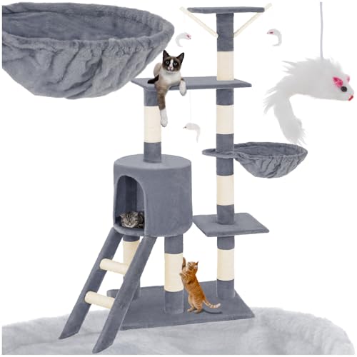 tectake Kratzbaum Katzenbaum für Kratzbaum mittel groß Sisalstangen Höhle und Treppe Katzenhaus 144 cm hoch Kletterbaum für Spielbaum für   grau