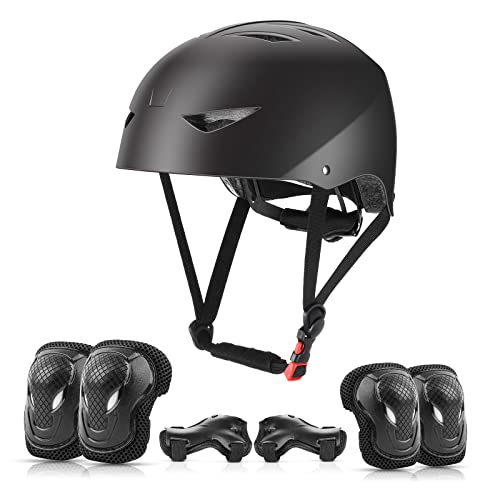 ValueTalks Kinderhelm Skateboard Helm mit Schützer inliner Schutzausrüstung Kinder Schonerset Protektoren Helm für inliner Skateboard Fahrrad Rollschuh 54-58cm Kopfumfang Schwarz