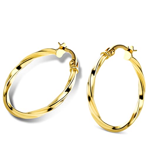 Orovi Creolen aus 14 Karat Gelbgold 585 Ohrringe Gold Damen mit gedrehtem Design hypoallergen handgemacht Hoop Goldohrringe mit Klappbügel in hochwertiger Schmuckschachtel 23 x 2 mm