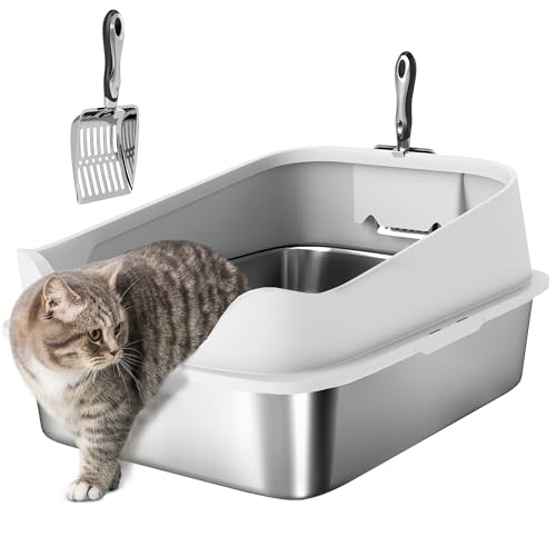 PawHut Katzentoilette Edelstahl Offene Katzenklo ohne Deckel Katzentoilette mit Schaufel hohem Rand XXL Cat Litter Box für große Katzen bis 7 kg 60 2 x 40 2 x 29 7 cm Grau