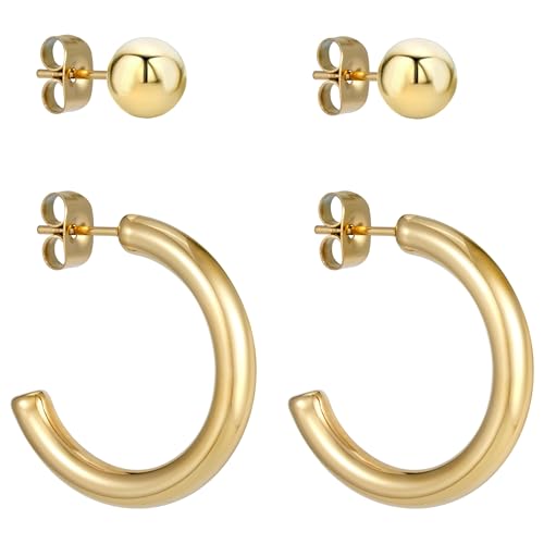BONNYBIRD Creolen Gold Ohrringe Damen Edelstahl Wasserfest Medizinische Ohrstecker Vergoldet Hypoallergen Chirurgenstahl Nickelfrei Schmuck Set Stecker Goldschmuck Damenohrringe Elegant Hoops Frauen