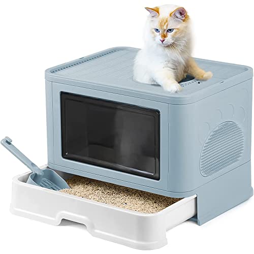 Katzenklo Katzentoilette mit Deckel ausziehbares Tablett geräumig für Katzen bis 15 kg weniger Spuren auslaufsicherer Boden 48.5 36.5 38cm Frisches Blau
