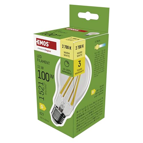 EMOS - Dimmbare Edison LED Lampe Filament A60-11W ersetzt 100W Glühbirne - Vintage-Stil mit E27 Sockel - Helligkeit 1521 lm 2700 K - 25000 h Lebensdauer CRI 80 320 Abstrahlwinkel - Warmweiß