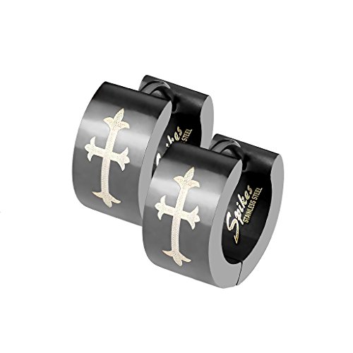 BlackAmazement Unisex 2er Set Klapp Creolen Ohrringe Ohrschmuck Edelstahl Kreuz Cross Schwarz Gothic