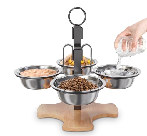 Optyuwah katzennapf erhöht Futternapf Katze - Futternäpfe Katzen 4er Set katzennäpfe Höhenverstellbar Fressnapf Katze mit Ständer Edelstahl Näpfe für Wasser Futter Katzen kleine Hunde