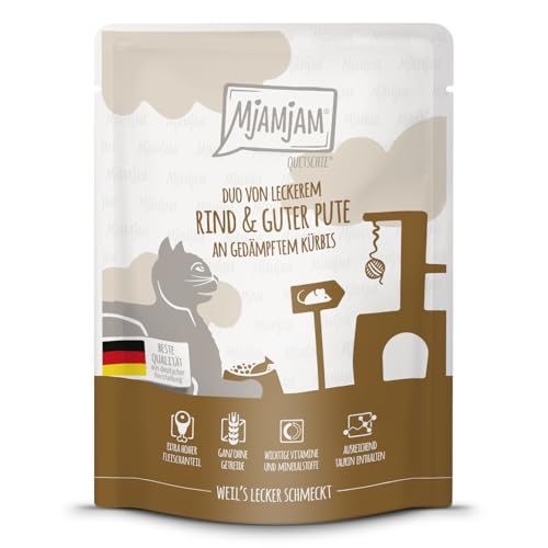 MjAMjAM - Premium Nassfutter für Katzen - Quetschie - DUO von leckerem Rind guter Pute an gedämpftem Kürbis 1er Pack 1 x 300g getreidefrei mit extra viel Fleisch