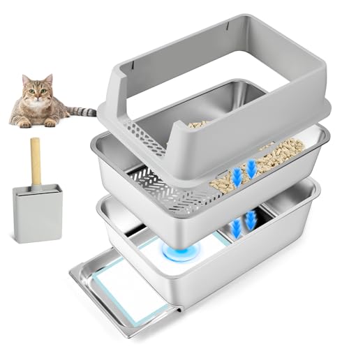 Bartuke Katzenklo aus Edelstahl Halbgeschlossen Katzentoilette mit Schublade Sieb und Schaufel Non-Sticky Non-Odor leicht zu reinigen