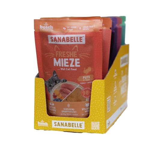 Sanabelle Freshe Mieze - Mixtray 10 x 100 g Mixpack 4 leckere Sorten Katzenfutter zum Probieren Dampfgegartes Nassfutter für Katzen wie frisch gekocht