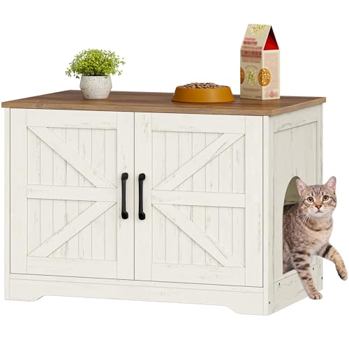 Fobyfurny Katzenklo Schrank Katzenklo Versteckt Schrank Möbel Katzenhaus Holz Katzenschrank Beistelltisch mit Seiteneingang Bauernhausstil für Wohnzimmer 80 x 50 x 55 cm Braun und Weiß