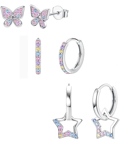 JeweBella 3 Paar Bunte Ohrringe Set für Damen Mädchen Süße Zirkonia Herz Stern Ohrstecker Silber 925 Creolen Ohrringe Hängend Hypoallergen Kinder Ohrringe Mädchen Silber