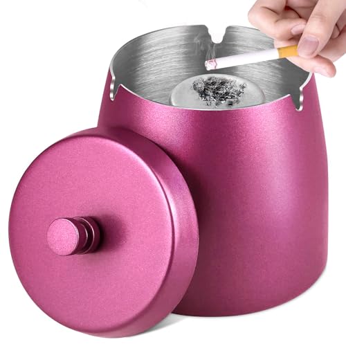Aschenbecher Aschenbecher mit Deckel 12 10 12cm Edelstahl Aschenbecher für Draussen Sturmaschenbecher als Windaschenbecher Standaschenbecher mit Rutschfest Boden für Draußen und Innen Rose Red
