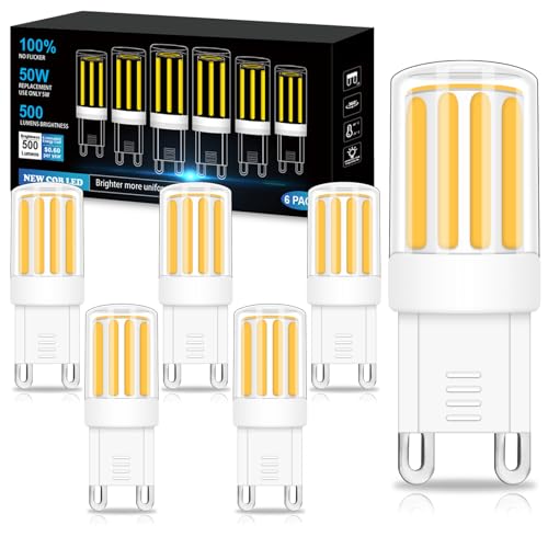 BROLSKUN G9 LED Warmweiß 2700K G9 leuchtmittel 60W 50W Halogenlampe Ersatz 220V 500LM Enegiesparende 360 Stiftsockellampe G9 Keramik Sockel Nicht Dimmbar Kein Flackern für Kronleuchter 6er Set