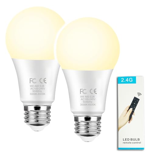GRV 9W A60 Smart Glühbirne mit einer 2.4GHz Fernbedienung Farbwechsel Led Glühbirne dimmbare 3000K-6500K 80W Glühlampe äquivalent 800LM E27 Basis Heimdekor 1 Fernbedienung und 2 Glühbirne